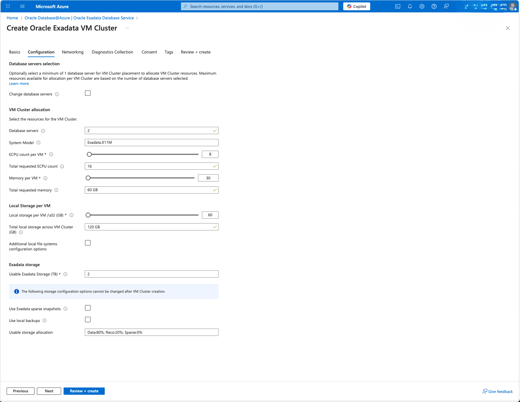 This screenshot shows the second part of creating an Exadata VM Cluster.