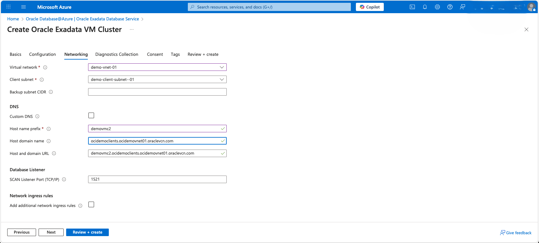 This screenshot shows the third part of creating an Exadata VM Cluster.