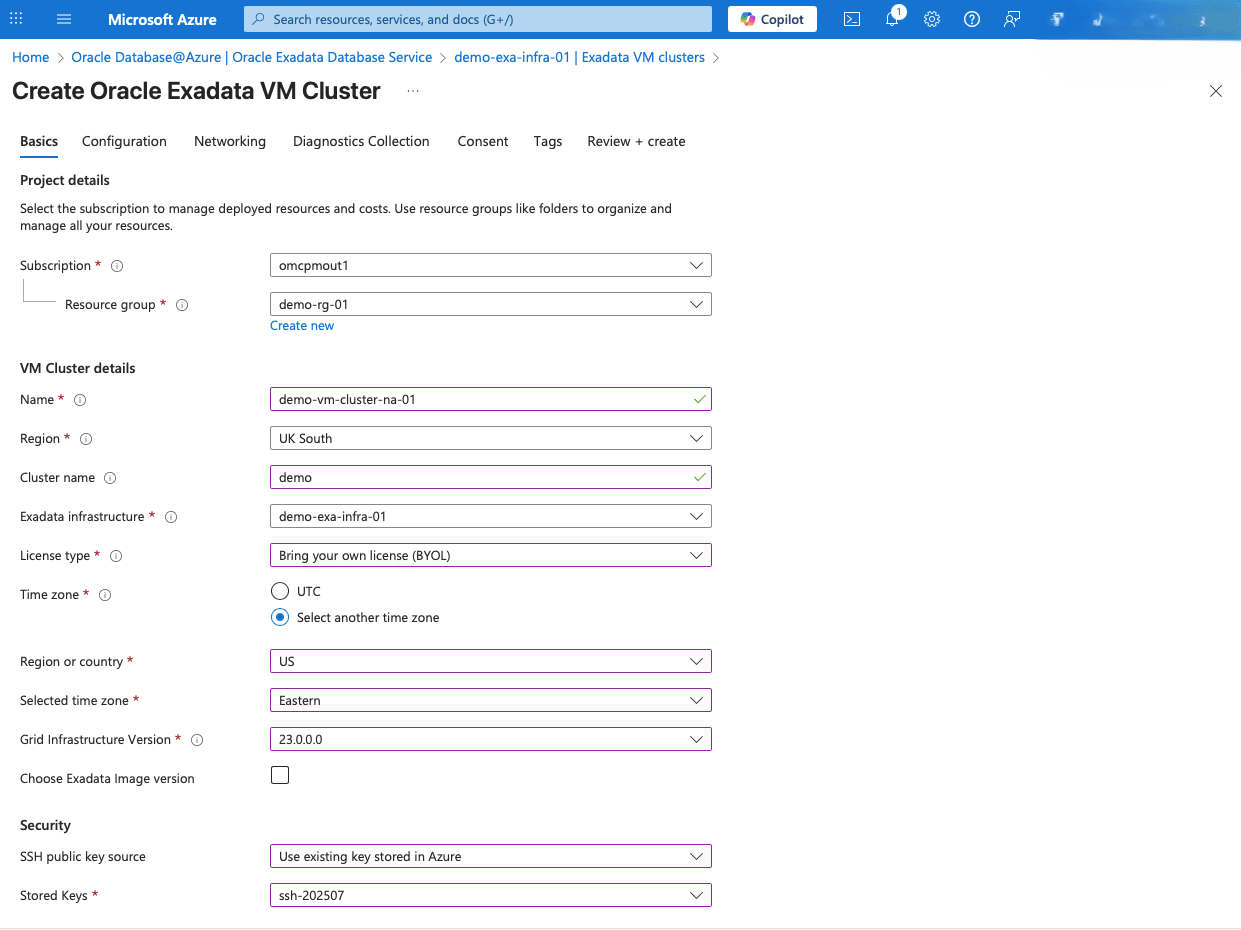 This screenshot shows the first part of creating an Exadata VM Cluster.