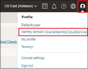 Image showing the identity domain in the Profile menu