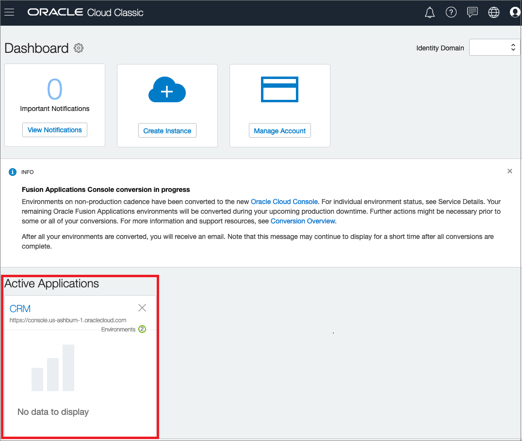 Screenshot showing the Fusion Applications environment panel on the Oracle Cloud Classic Console home page