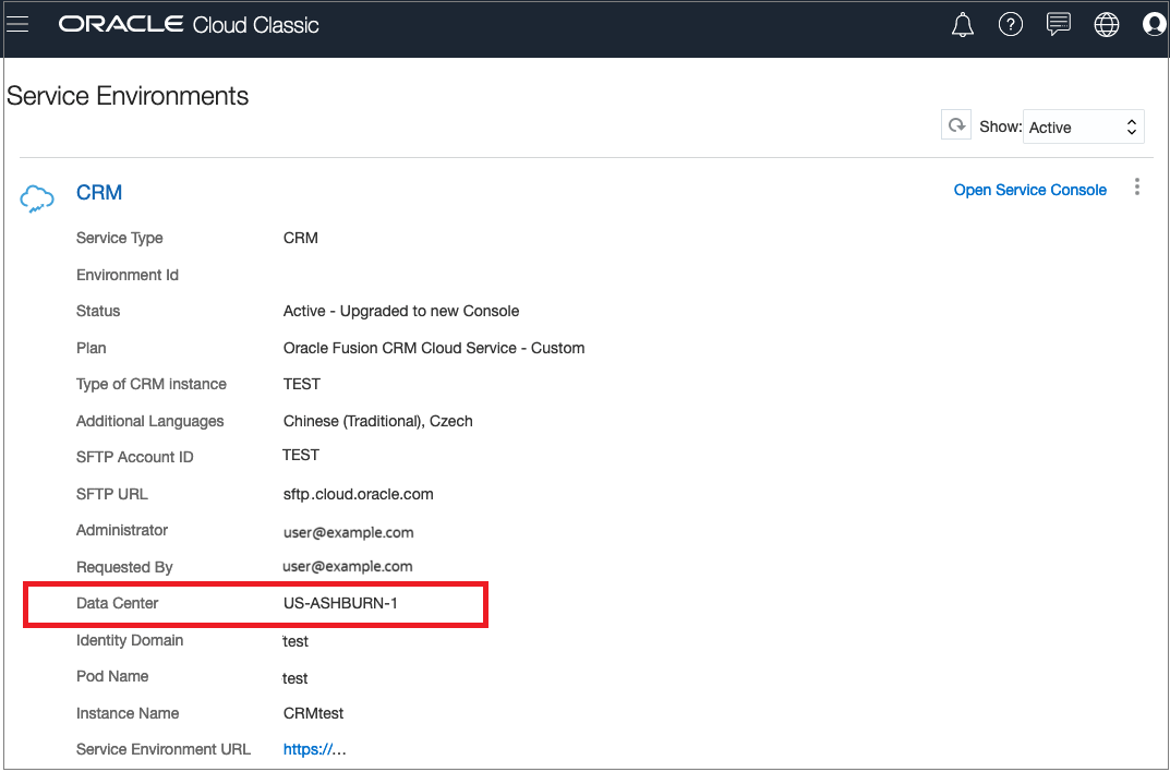 Screenshot showing the location of the Data Center field in the Service Environments page of the Oracle Cloud Classic Console