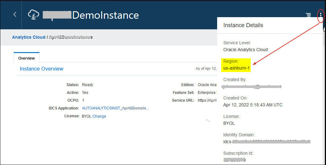 Region information for the Oracle Analytics Cloud instance on Gen 1 displayed on the details page