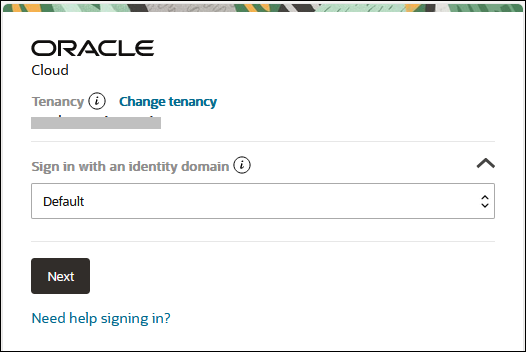Select an identity domain screen