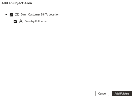The Add a Subject Area dialog displaying the extended Country Full Name column in the prebuilt Customer Bill-to Details folder