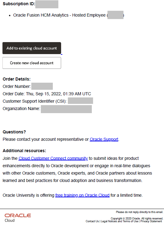 Add to existing cloud account option in the Oracle Fusion Analytics Warehouse subscription email