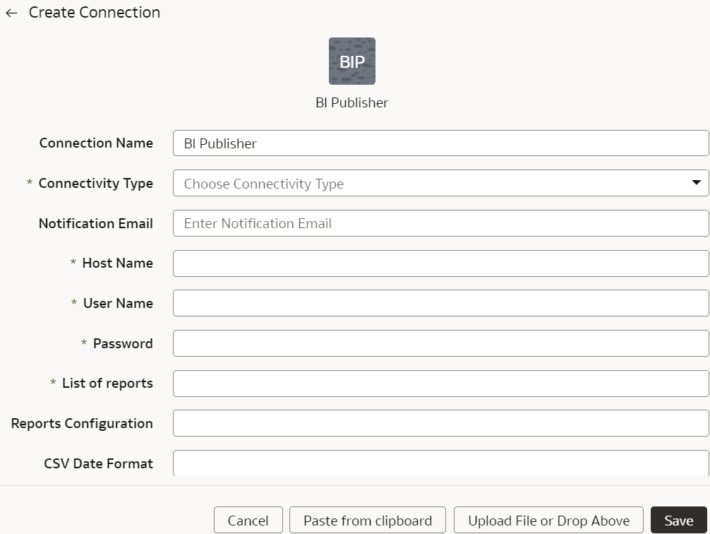 Create Connection for BI Publisher dialog