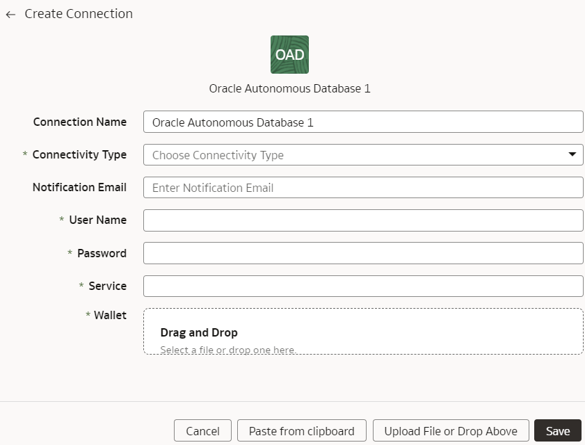 Create Connection for Oracle Autonomous Database dialog