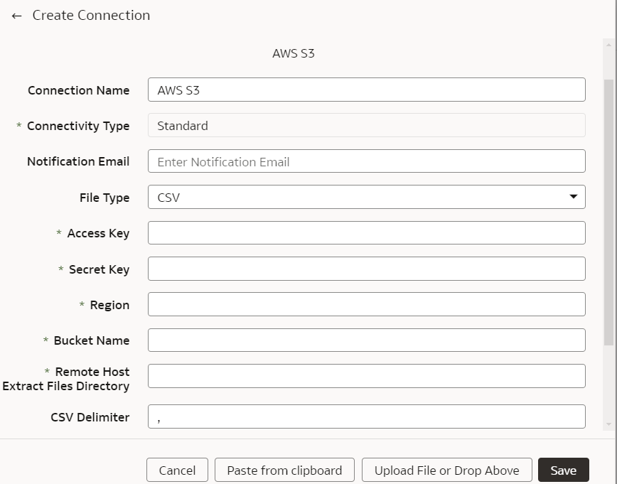 Create Connection for AWS S3 dialog
