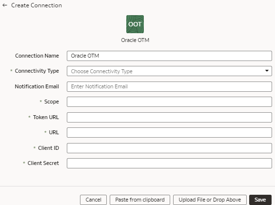 Create Oracle Transportation Management Cloud Service connection