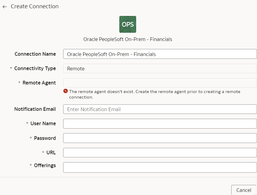 Create Connection for Oracle PeopleSoft On-Prem - Financials dialog