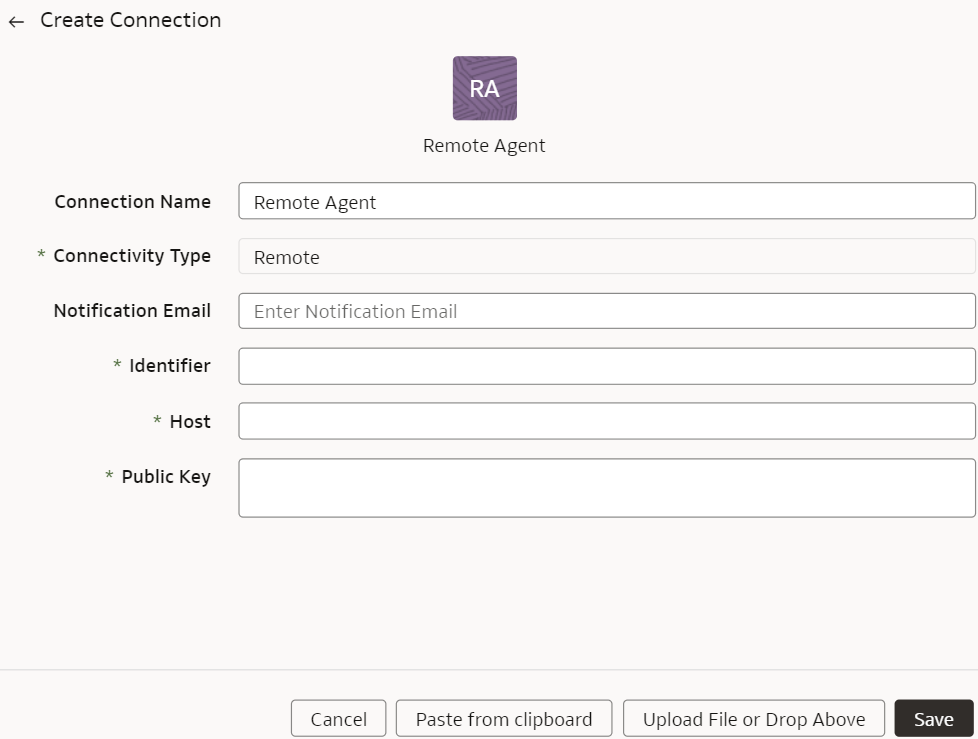 Create Connection Remote Agent dialog