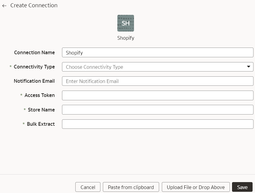 Create Connection for Shopify dialog
