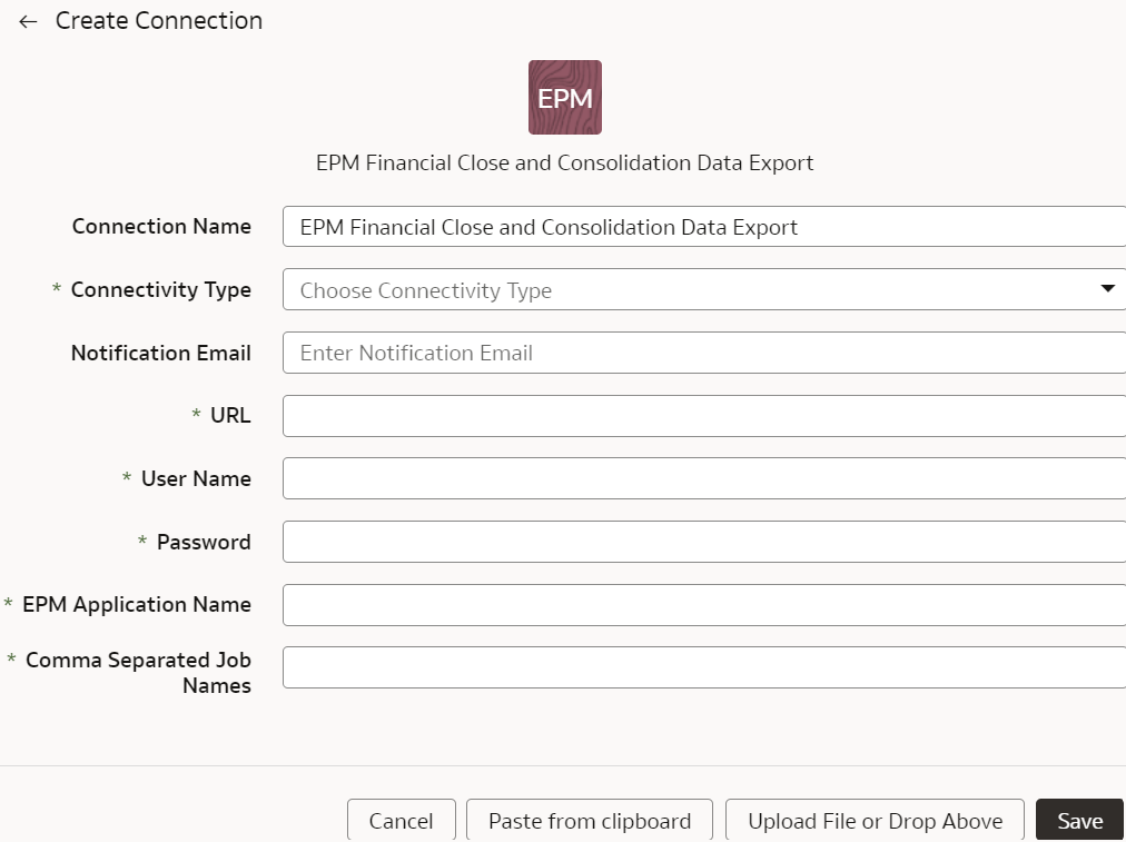 EPM Financial Close and Consolidation Data Export Create Connection dialog