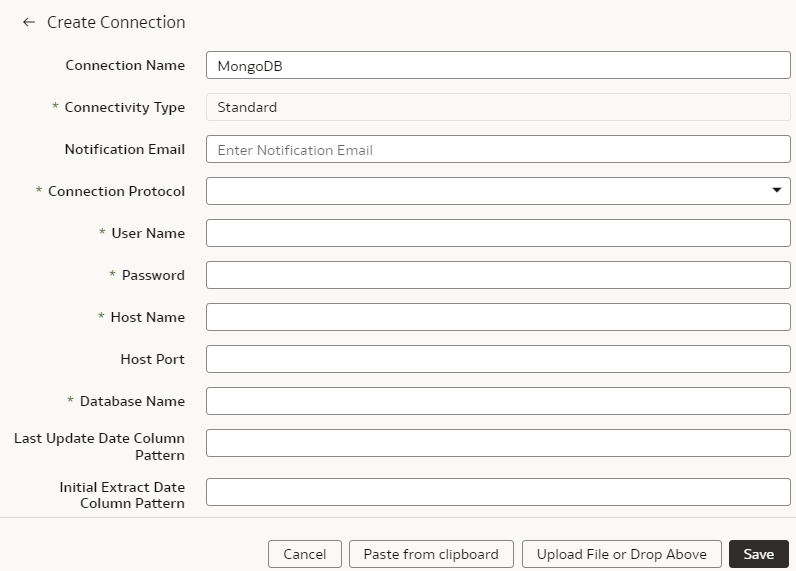 Create Connection for Mongo database dialog