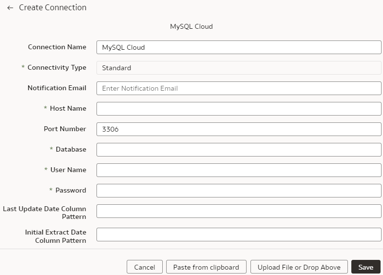 Create Connection for MySQL Cloud database dialog