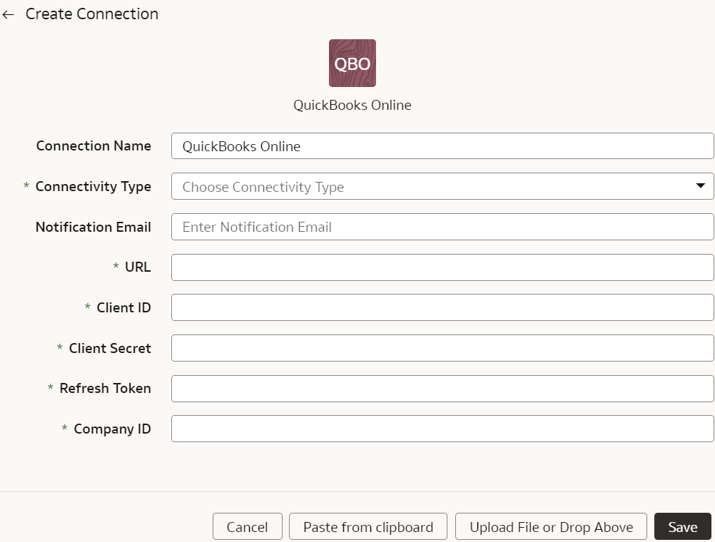 Create Connection for QuickBooks Online dialog