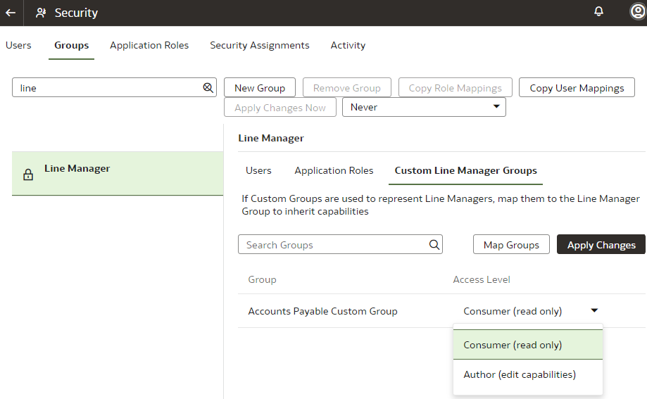 Set access level for custom line manager groups