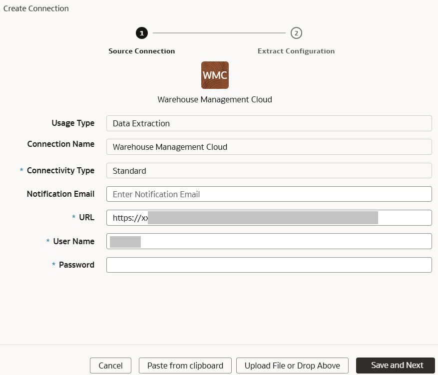 Create Connection for Oracle Warehouse Management Cloud dialog displaying the Source Connection tab.