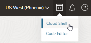 This image shows the region selection dropdown list (Phoenix is selected), the Cloud Shell icon, and three other icons.