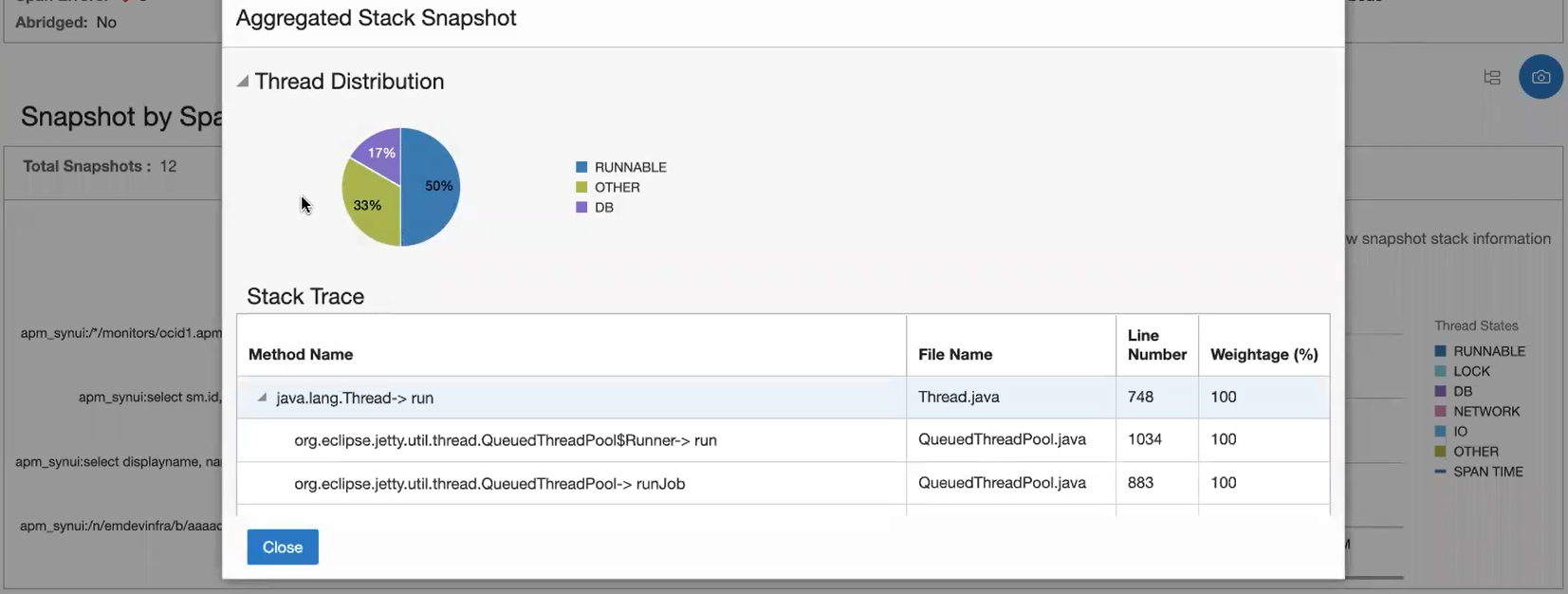 Aggregated Stack Snapshot with thread distribution by states pie chart and stack trace table