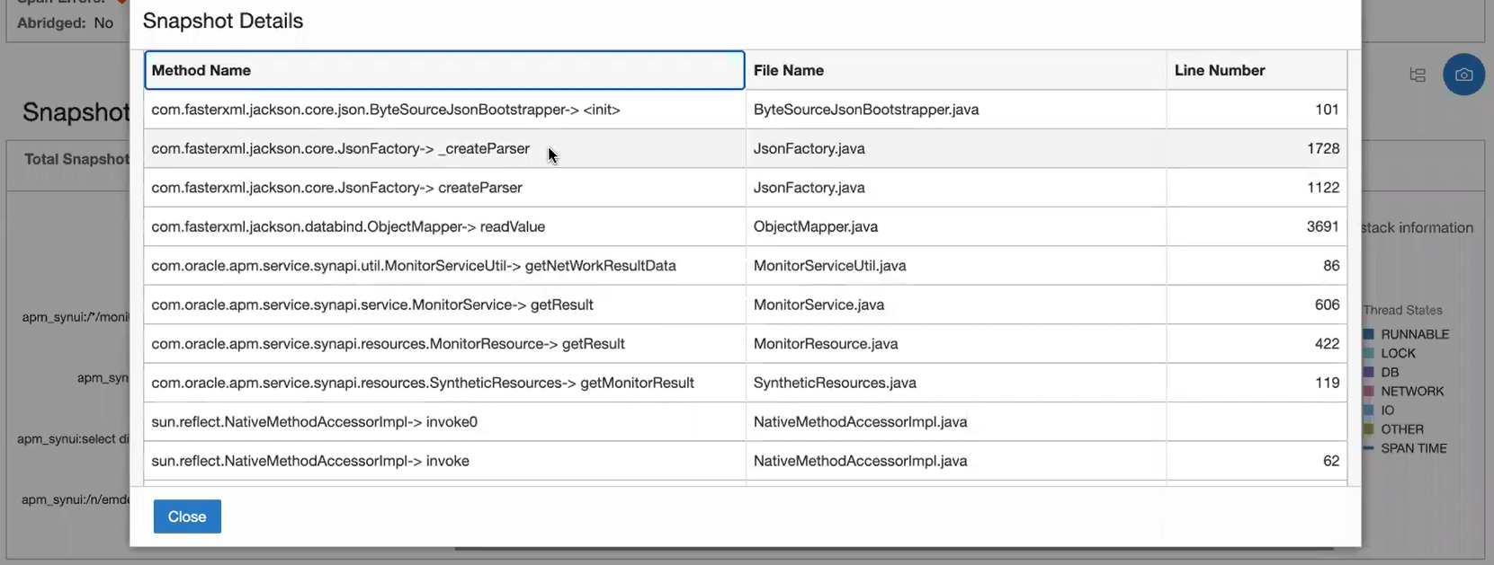 Snapshot details displaying a table with method names, file names and line numbers.