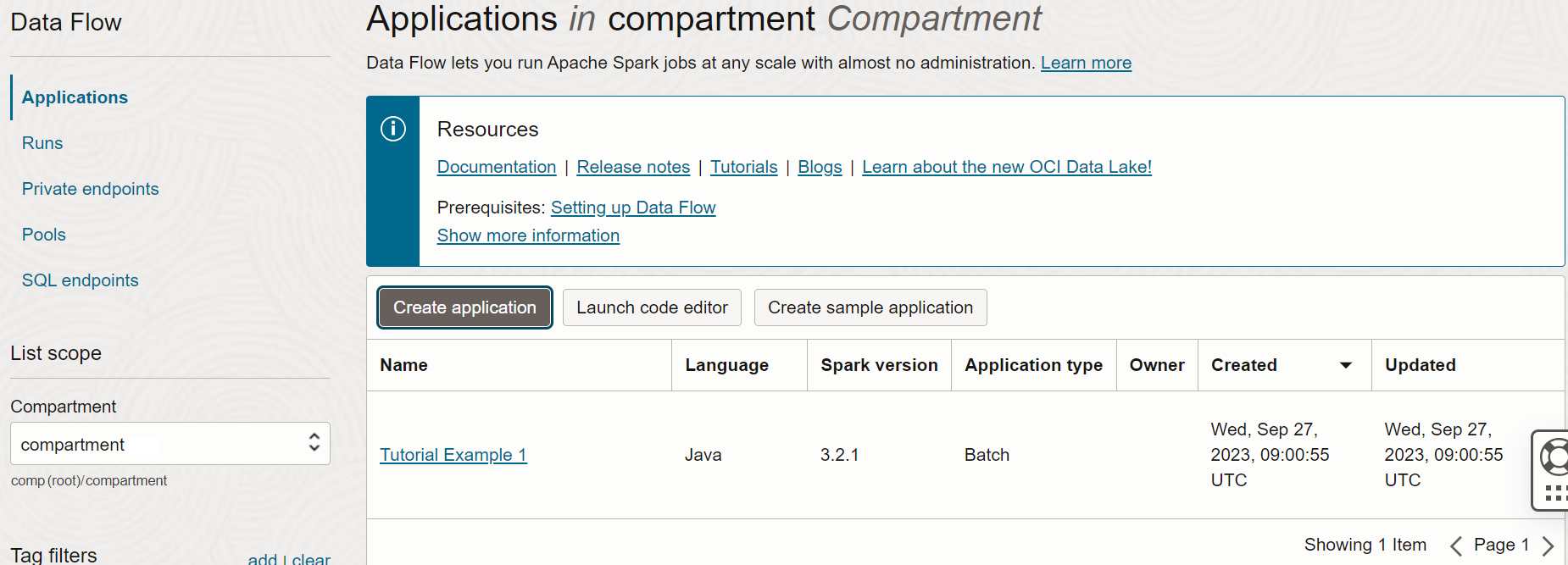 The Applications page. In the list of applications is one application. It consists of seven columns, Name, Language, Spark version, Application type, Owner, Created, and Updated. Name contains Tutorial Example 1. Language is set to Java. Spark version is set to 3.2.1. Application type is set to Batch. The other fields are populated according to who created the application, when it was created and when it was last updated (which in this case is the same date and time as Created).