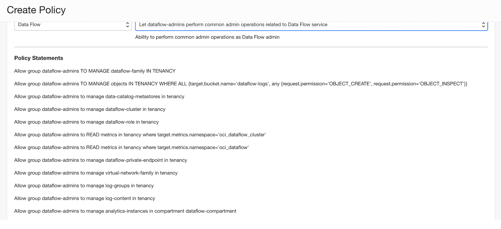 The policy Let dataflow-admins perform common admin operations related to Data Flow service is selected, and the policy statements for it are displayed.