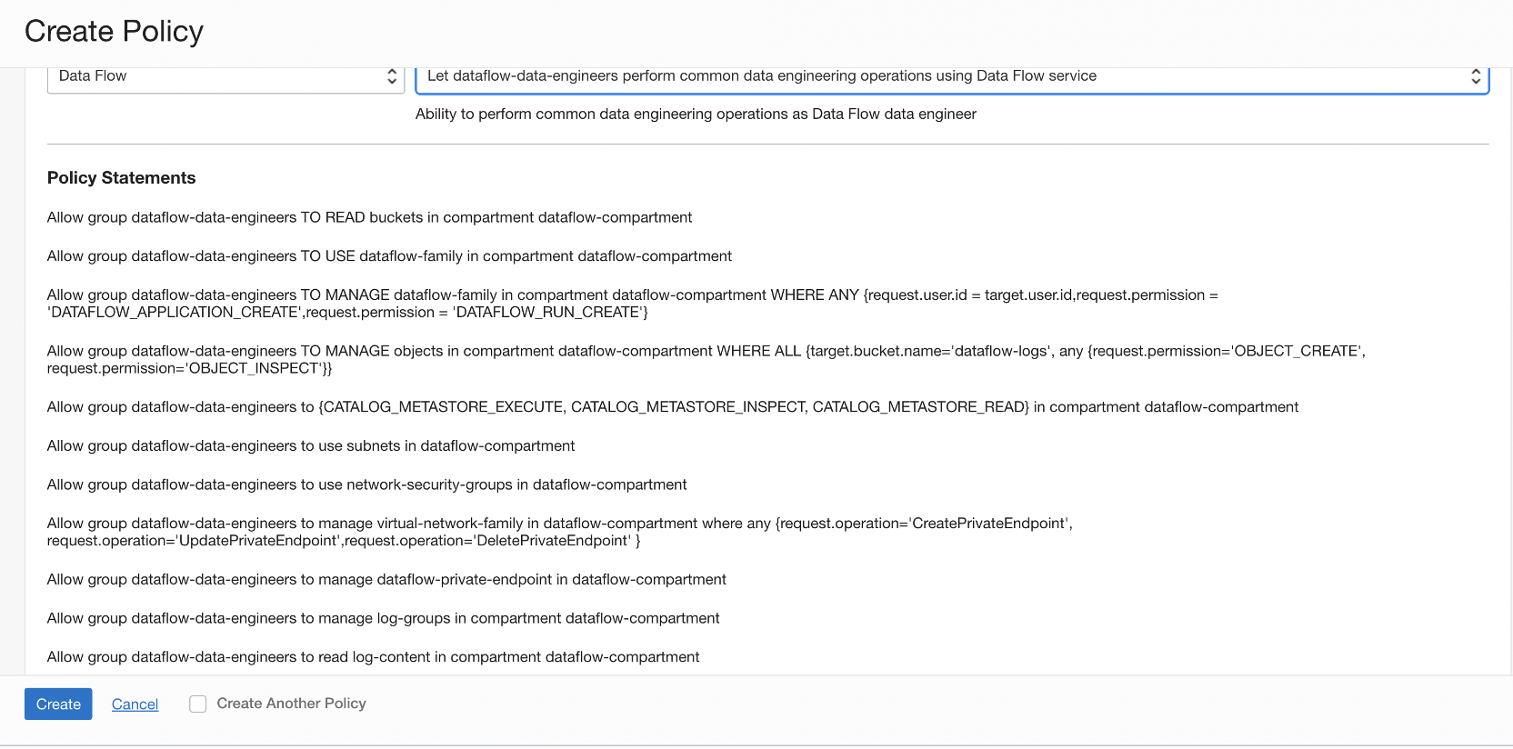 The policy Let dataflow-data-engineers perform common data engineering operations using Data Flow service is selected, and the policy statements for it are displayed.