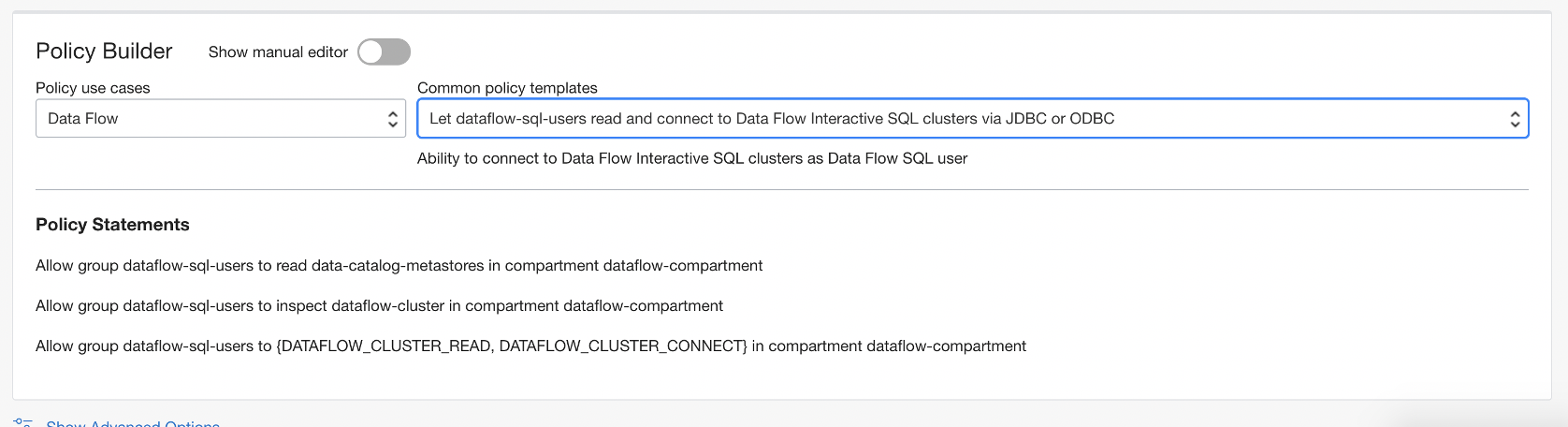 The policy Let dataflow-sql-users read and connect to Data Flow Interactive SQL clusters via JDBC or ODBC is selected, and the policy statements for it are displayed.