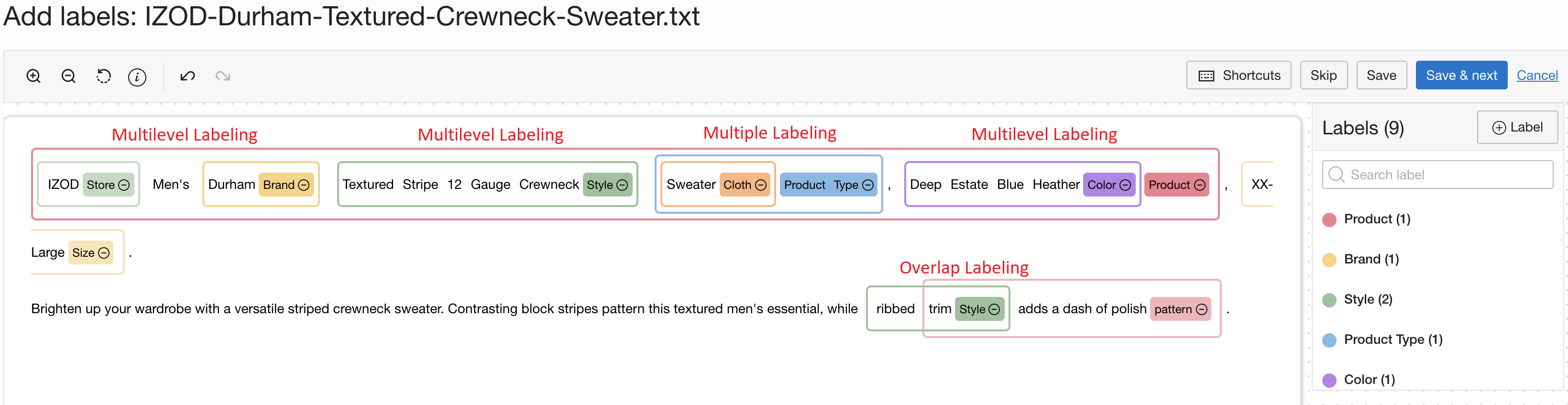 An example of text that has been annotated using nested NER. Multilevel and Multiple are on the first line of text, Overlap on the second.