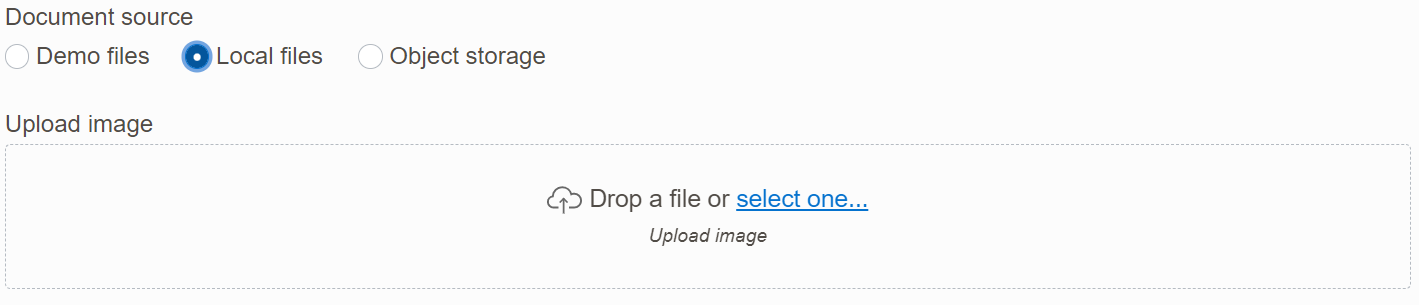 Local files is selected as the document source. The area in which to upload a file, either by dragging and dropping or selectnig one.
