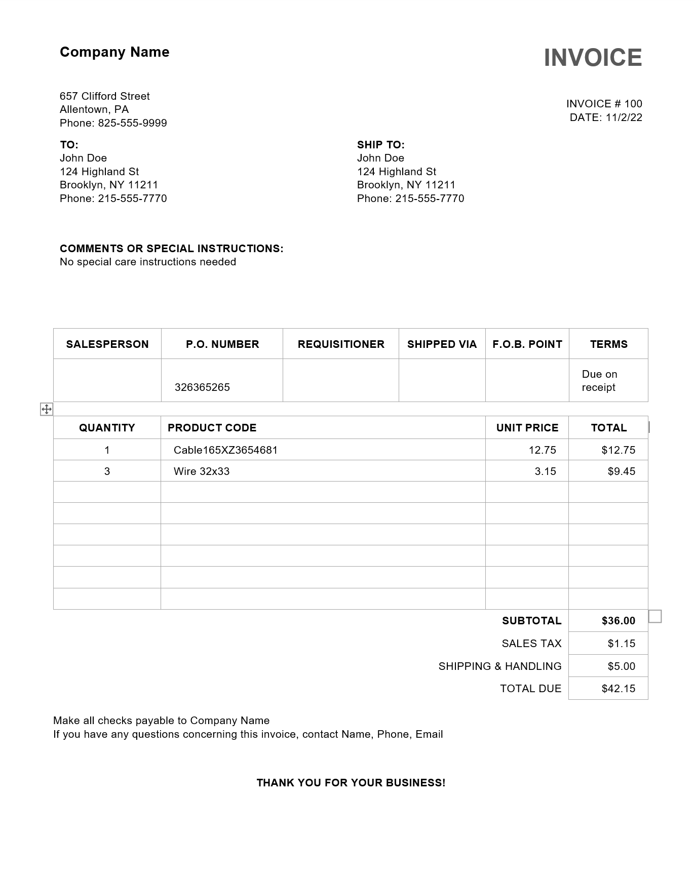Fictitious invoice for cable and wire.