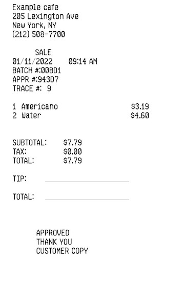 Receipt from a fictitious cafe, including two line items, tax, subtotal and total amounts.