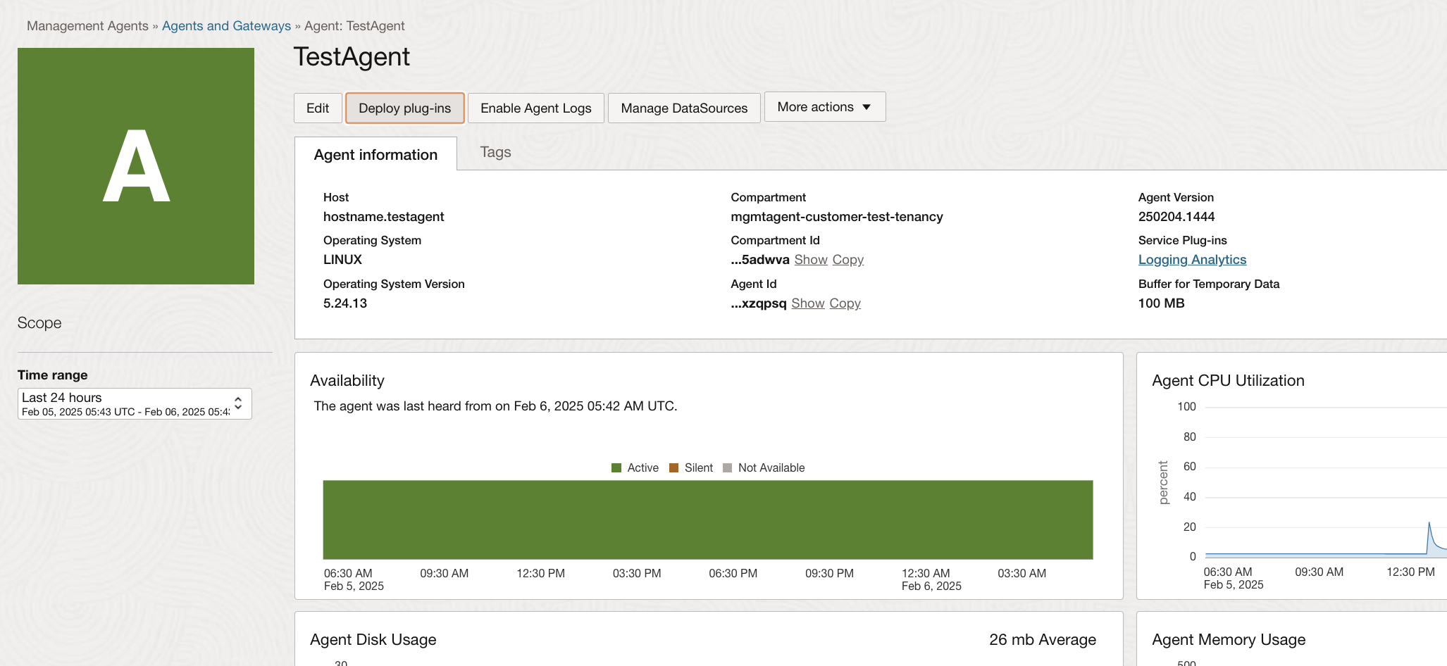 Agent details page, with the option to deploy plug-ins.