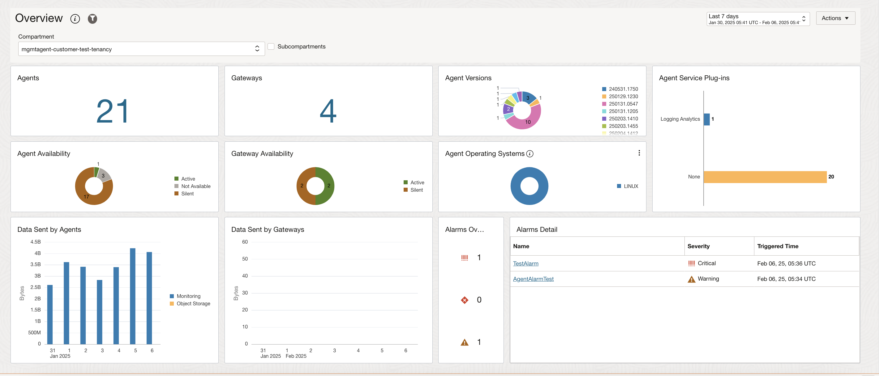 Overview page that shows information about the management agents installed.