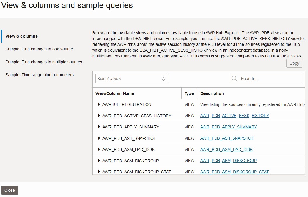 View, column, and sample queries screen