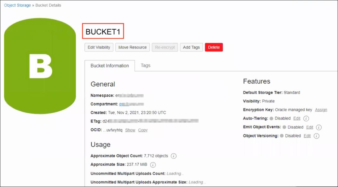 Image shows the OCI storage bucket details page.
