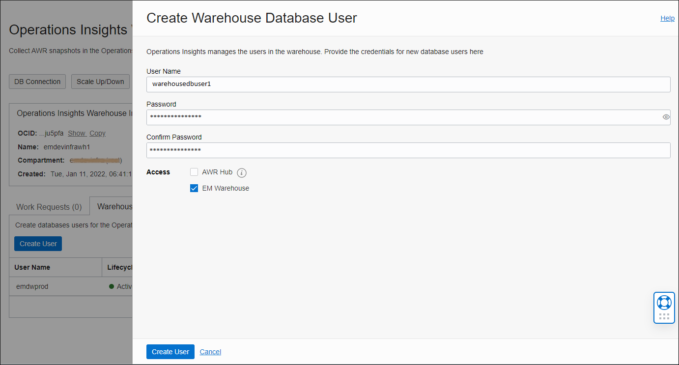 Image shows the warehouse user db creation dialog