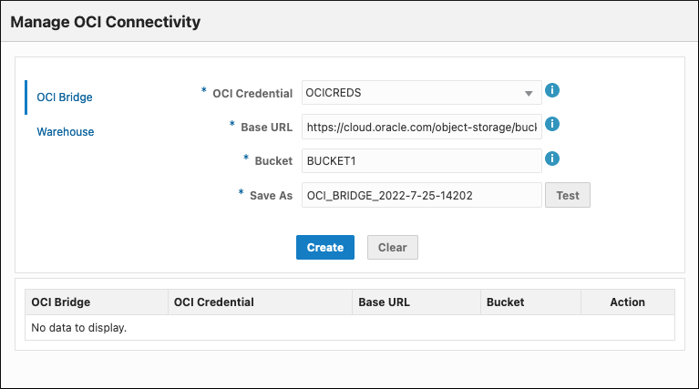 Graphic shows the Manage OCI Connectivity dialog.