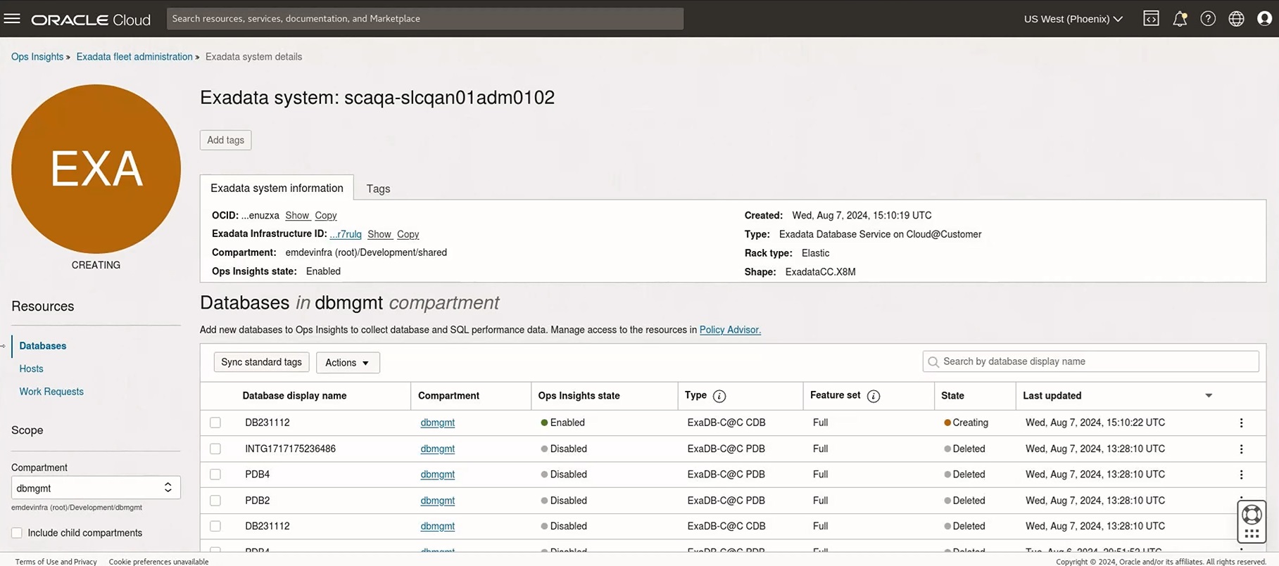 Exadata Cloud@Customer system page