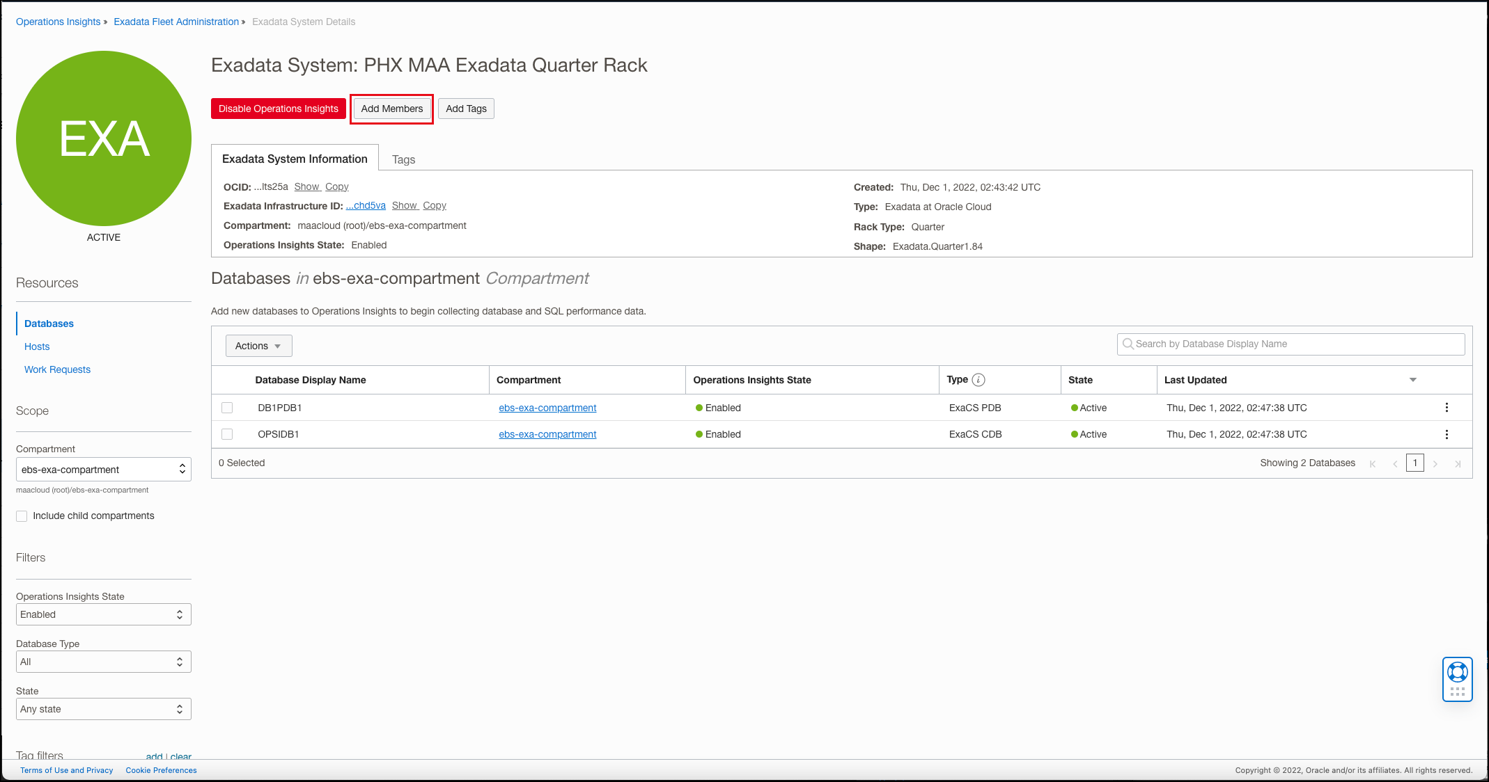 Image shows the Exadata Details page.
