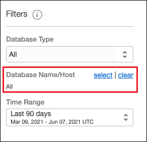 The graphic shows the Filter sub-menu with the Database Name/Host filter highlighted