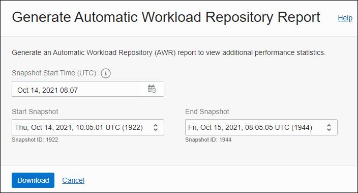 Graphic displays the Generate Automatic Workload Repository Report dialog.