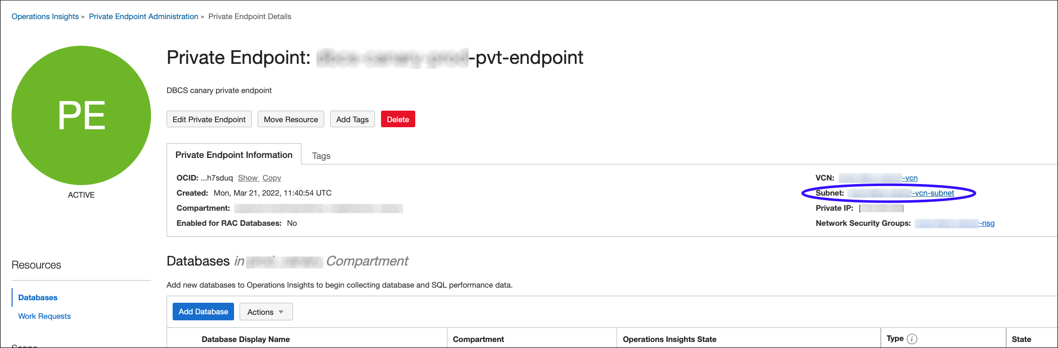 Graphic shows the the VCN/Subnet page link from the Private Endpoint Details page.