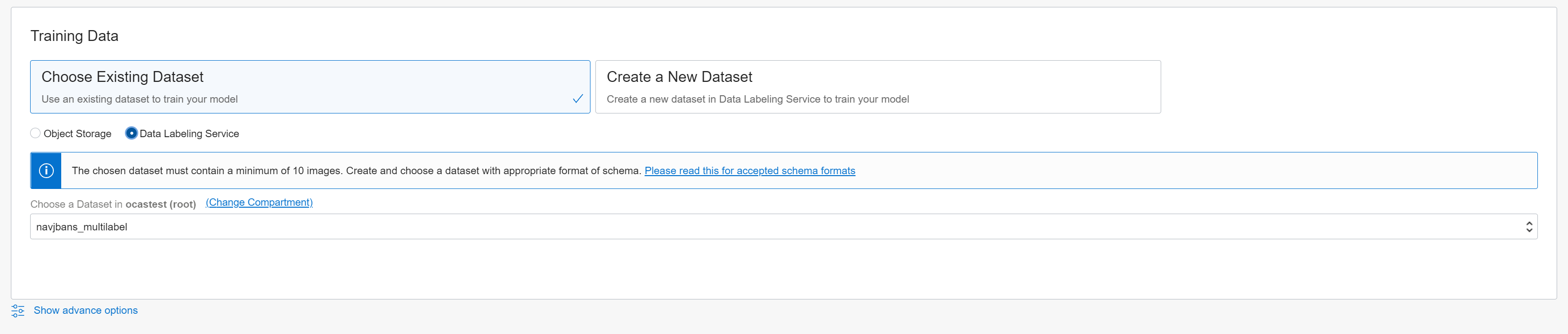 Choose Existing Dataset selected, as is Data Labeing Service. A dataset is seelcted from the list.