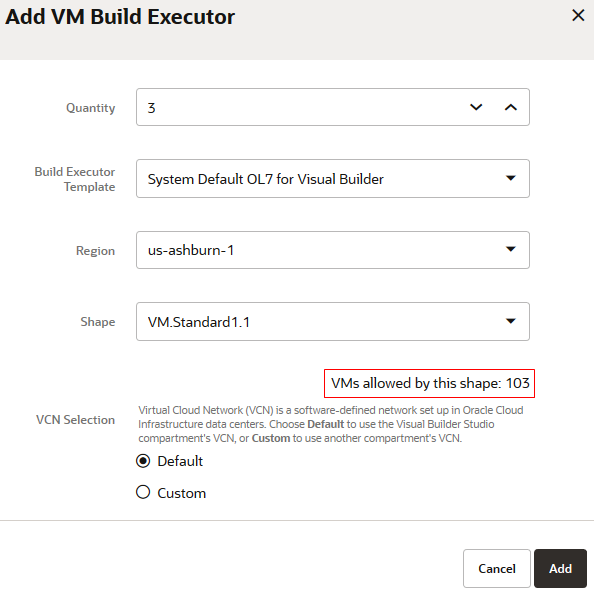 Add Build VM dialog box with a message about number of VMs available