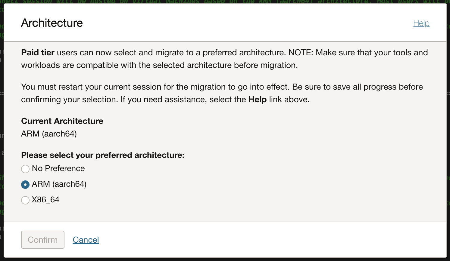 Cuadro de diálogo Arquitectura de Cloud Shell