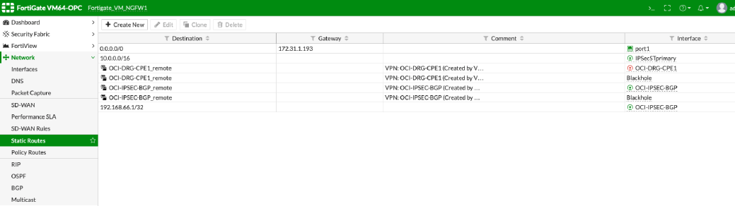 Esta imagen muestra la ruta estática a la dirección IP de BGP de Oracle a través del túnel.