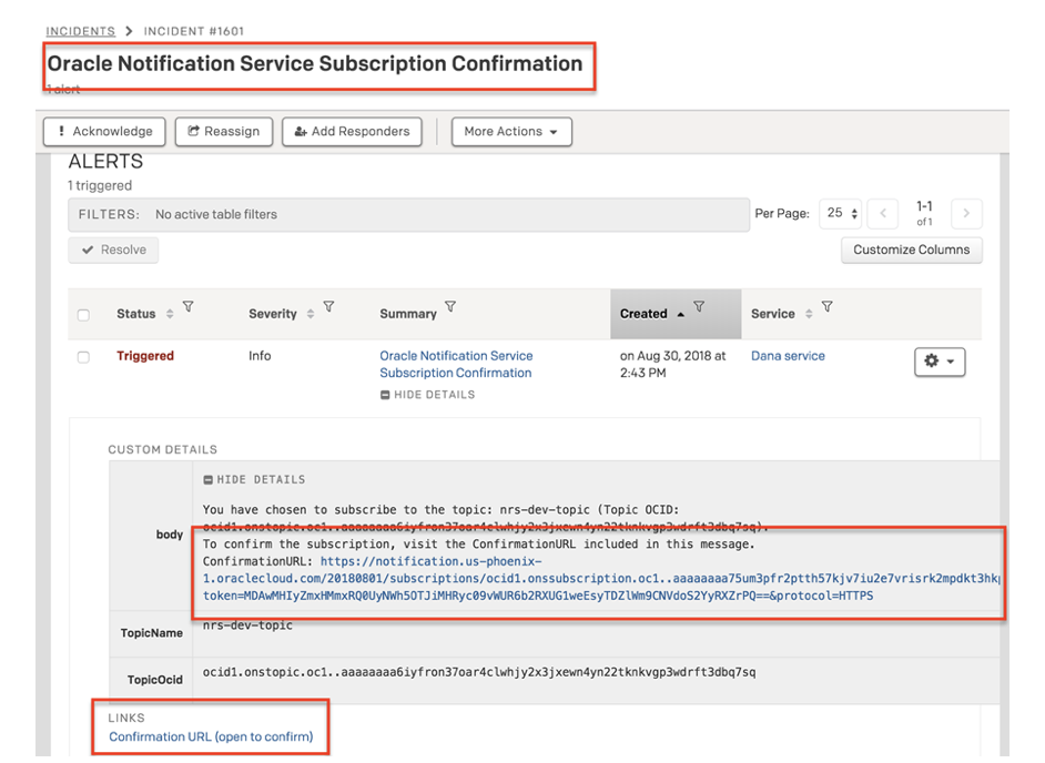 Ejemplo de incidente de confirmación en PagerDuty.